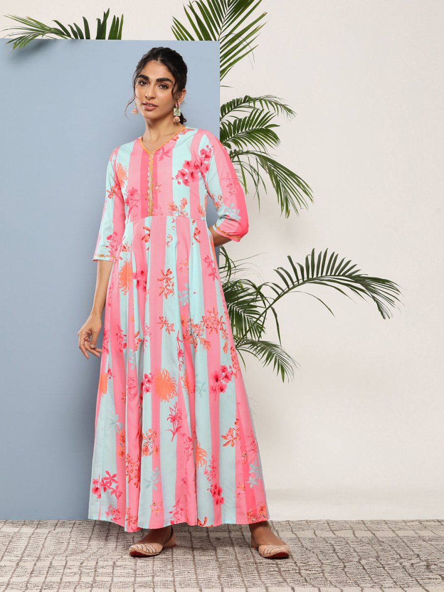 Ahalyaa Women Printed Layered Maxi Ethnic Dress - Distacart