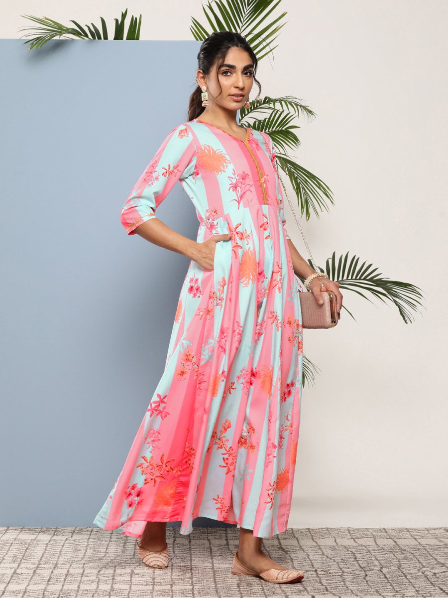 Ahalyaa Women Printed Layered Maxi Ethnic Dress - Distacart