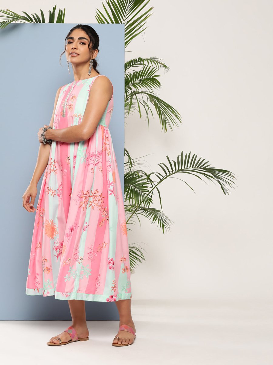 Ahalyaa Women Floral Printed Empire Midi Ethnic Dress - Distacart
