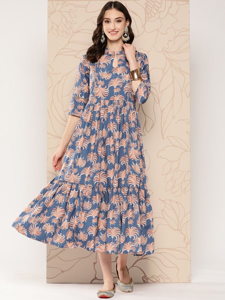 Ahalyaa Floral Printed Gathered Crepe Empire Ethnic Dress - Distacart
