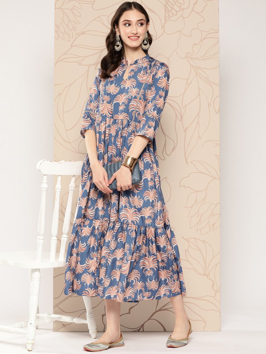 Ahalyaa Floral Printed Gathered Crepe Empire Ethnic Dress - Distacart
