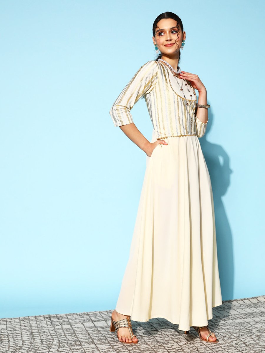 Ahalyaa Women Striped Crepe Maxi Ethnic Dress With Gotta Patti Detail - Distacart