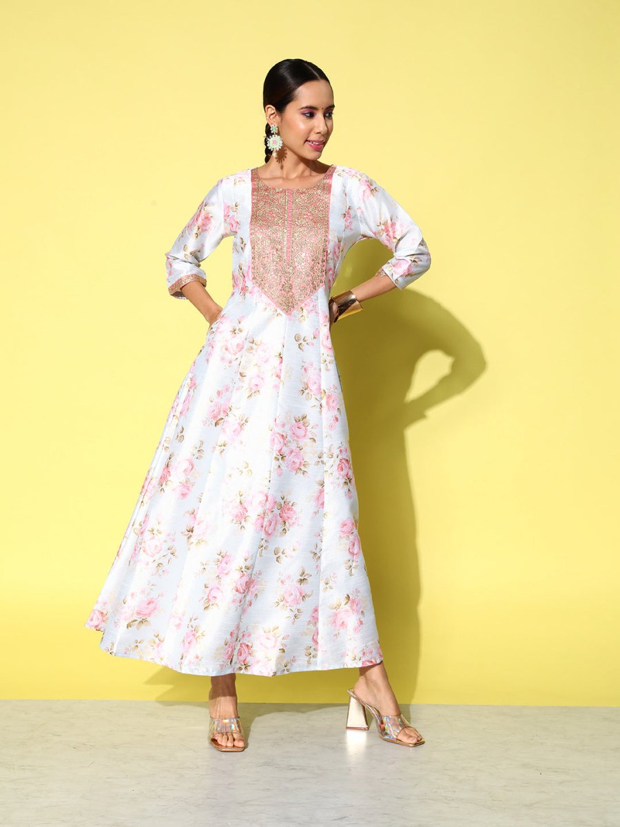 Ahalyaa Embroidered Floral Printed Ethnic A-Line Maxi Dress - Distacart