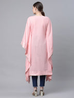 Ahalyaa Women Light Pink Pure Cotton Printed Flared Sleeve Kaftan Kurta