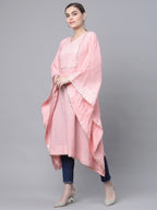 Ahalyaa Women Light Pink Pure Cotton Printed Flared Sleeve Kaftan Kurta