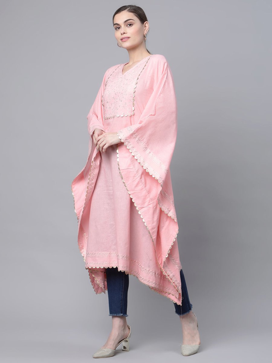 Ahalyaa Women Light Pink Pure Cotton Printed Flared Sleeve Kaftan Kurta