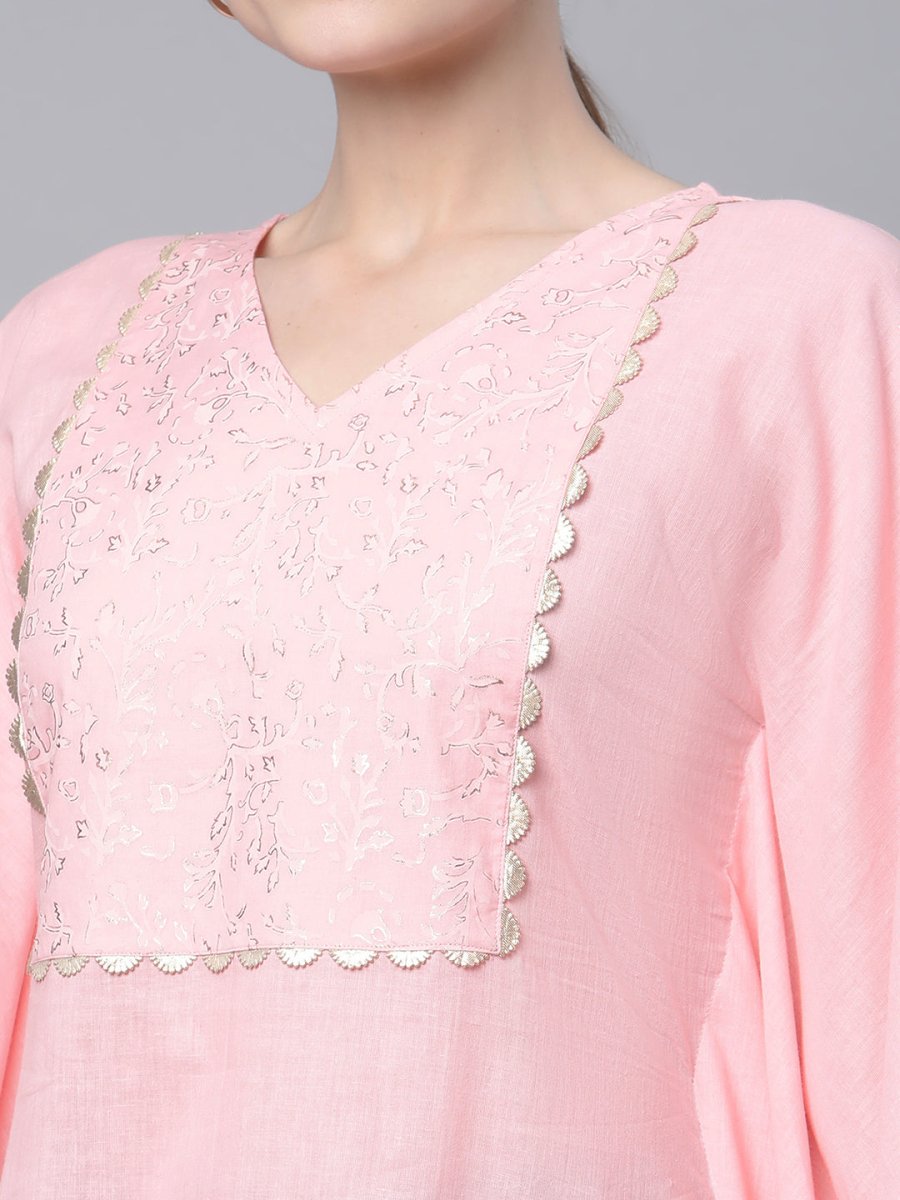 Ahalyaa Women Light Pink Pure Cotton Printed Flared Sleeve Kaftan Kurta