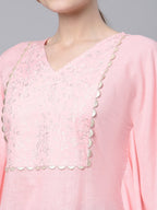 Ahalyaa Women Light Pink Pure Cotton Printed Flared Sleeve Kaftan Kurta