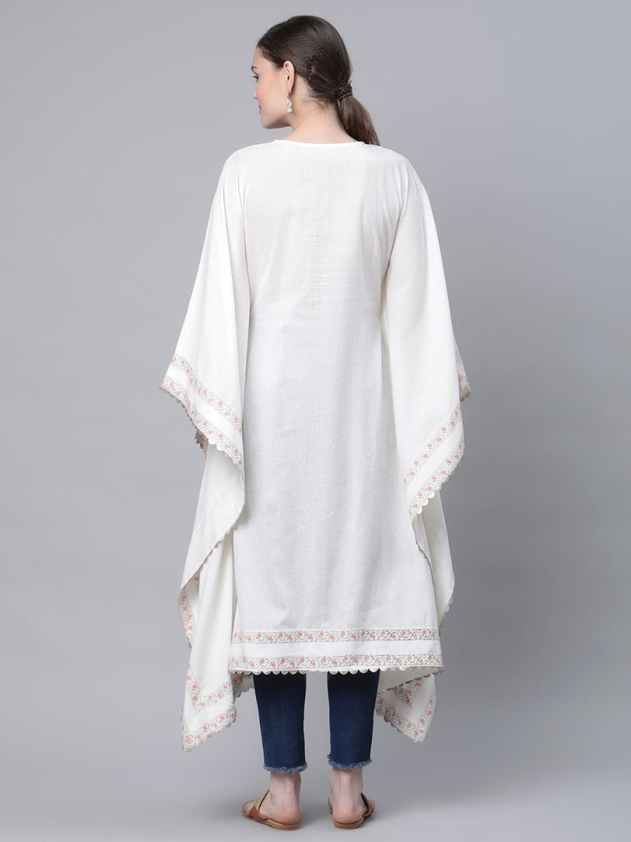 Ahalyaa Women Off white Pure Cotton Printed Flared Sleeve Kaftan Kurta