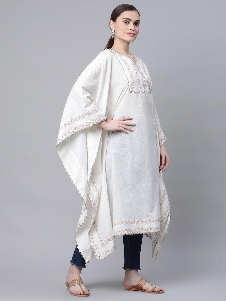 Ahalyaa Women Off white Pure Cotton Printed Flared Sleeve Kaftan Kurta