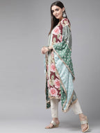 Ahalyaa Women Green & Pink Floral Printed Flared Sleeves Gotta Patti Floral Crepe Kaftan Kurta - Distacart