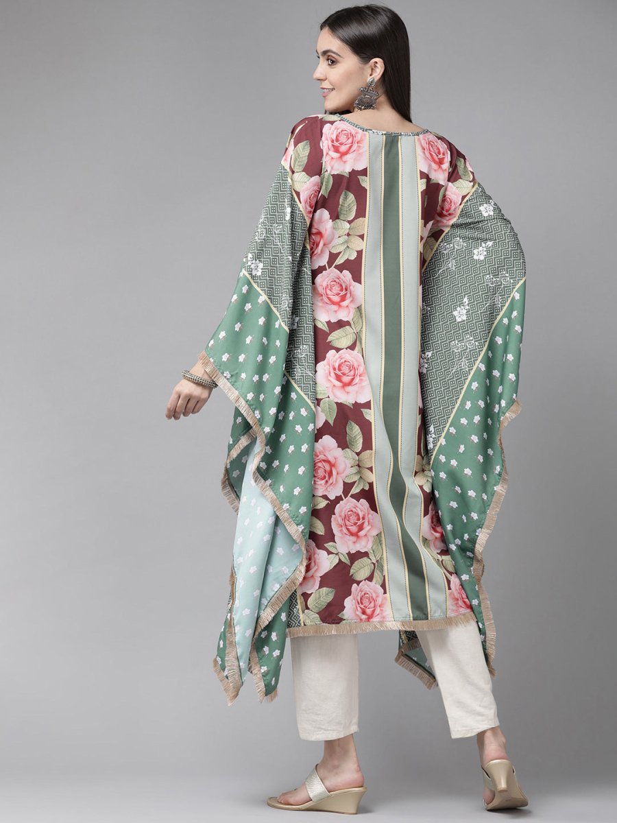 Ahalyaa Women Green & Pink Floral Printed Flared Sleeves Gotta Patti Floral Crepe Kaftan Kurta - Distacart