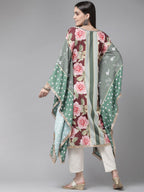 Ahalyaa Women Green & Pink Floral Printed Flared Sleeves Gotta Patti Floral Crepe Kaftan Kurta - Distacart