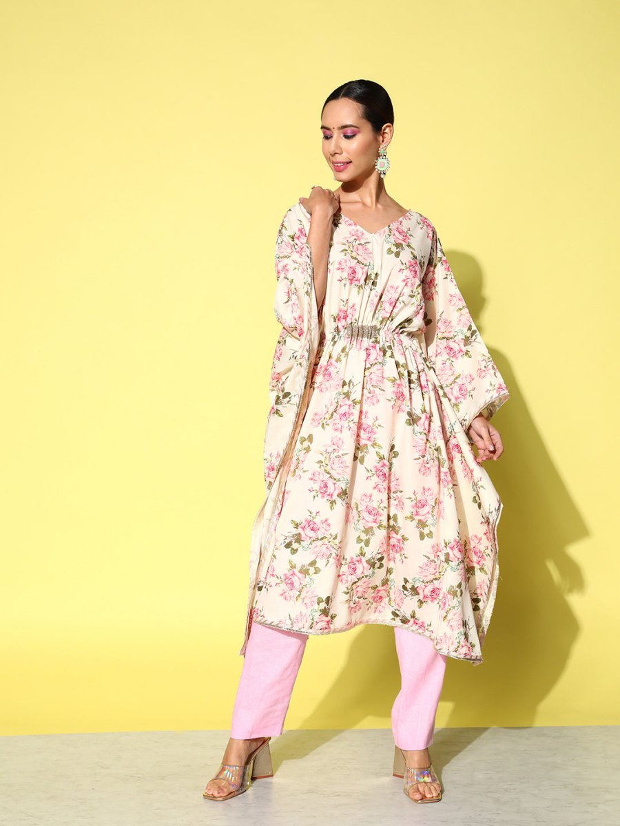 Ahalyaa Women Floral Printed Flared Sleeves Gotta Patti Floral Crepe Kaftan Kurta - Distacart