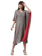 Ahalyaa Women Grey & Golden Ethnic Motifs Printed Flared Sleeves Beautiful Kaftan Kurta