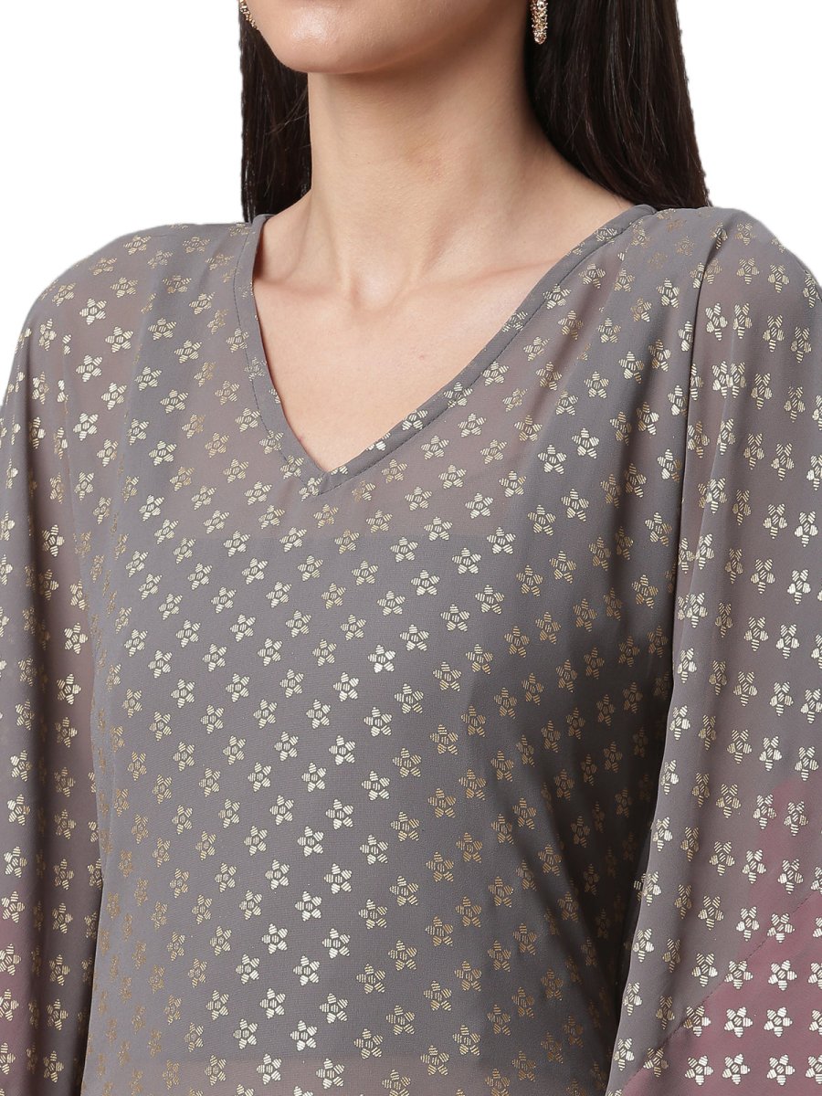Ahalyaa Women Grey & Golden Ethnic Motifs Printed Flared Sleeves Beautiful Kaftan Kurta