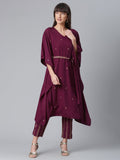 Ahalyaa Women Burgundy & Golden Printed Kurta With Trouser