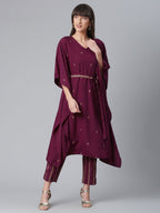 Ahalyaa Women Burgundy & Golden Printed Kurta With Trouser