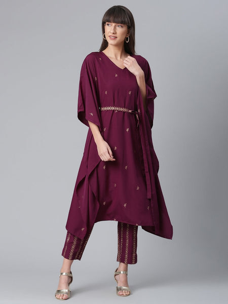 Ahalyaa Women Burgundy & Golden Printed Kurta With Trouser