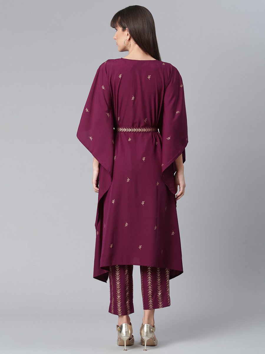 Ahalyaa Women Burgundy & Golden Printed Kurta With Trouser