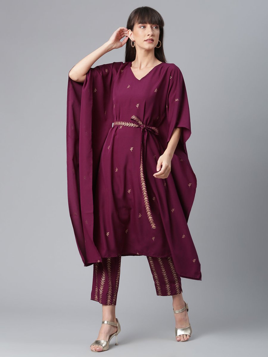 Ahalyaa Women Burgundy & Golden Printed Kurta With Trouser