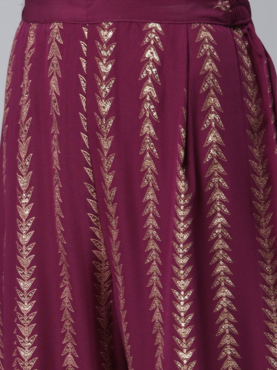 Ahalyaa Women Burgundy & Golden Printed Kurta With Trouser