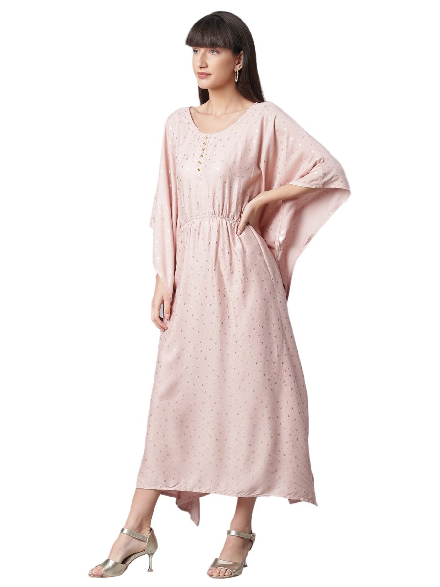 Ahalyaa Women Peach-Colored Printed Flared Sleeves Beautiful Kaftan Kurta