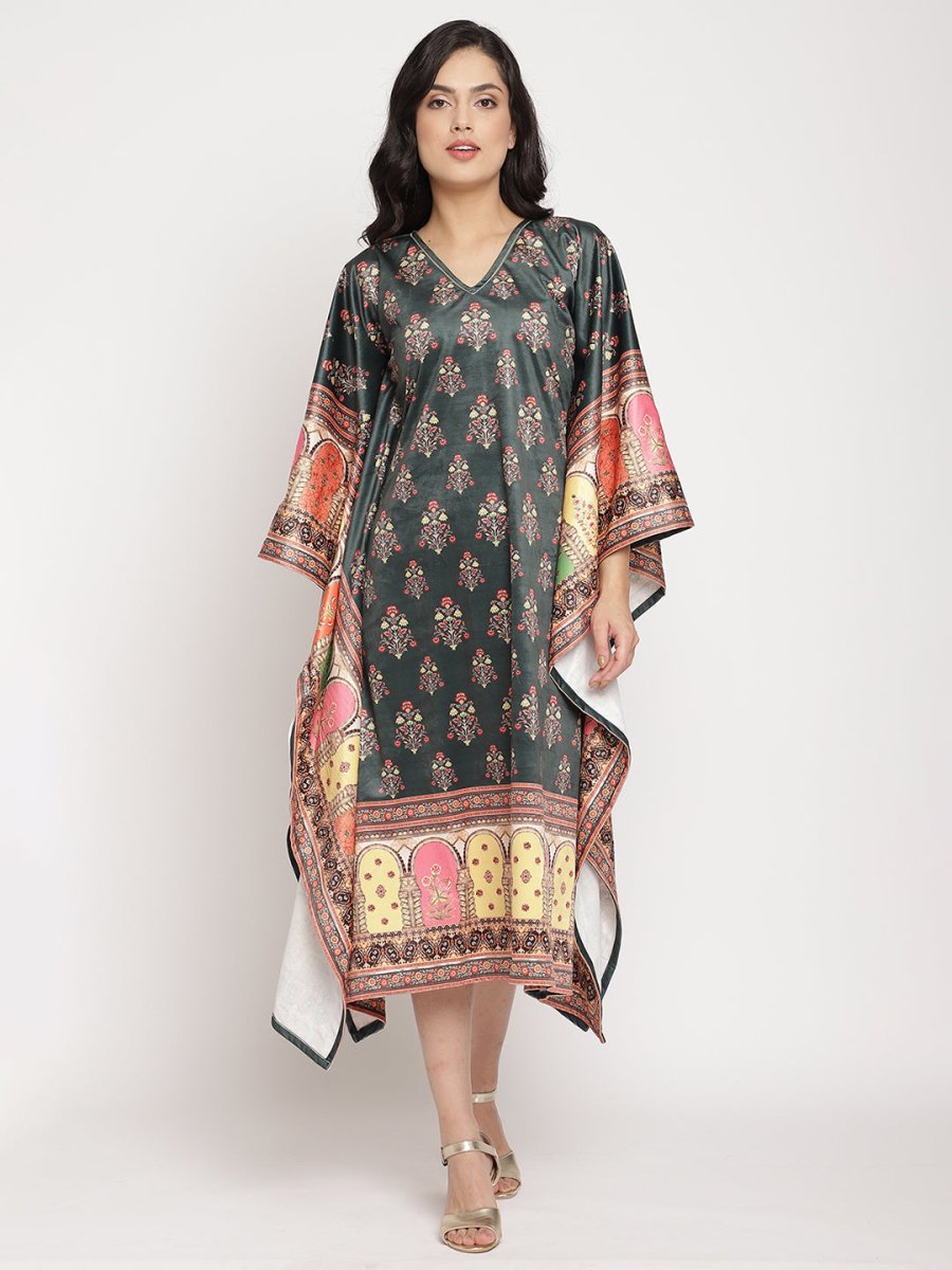 Ahalyaa Women's Dark Green Digital Print Velvet Kaftan
