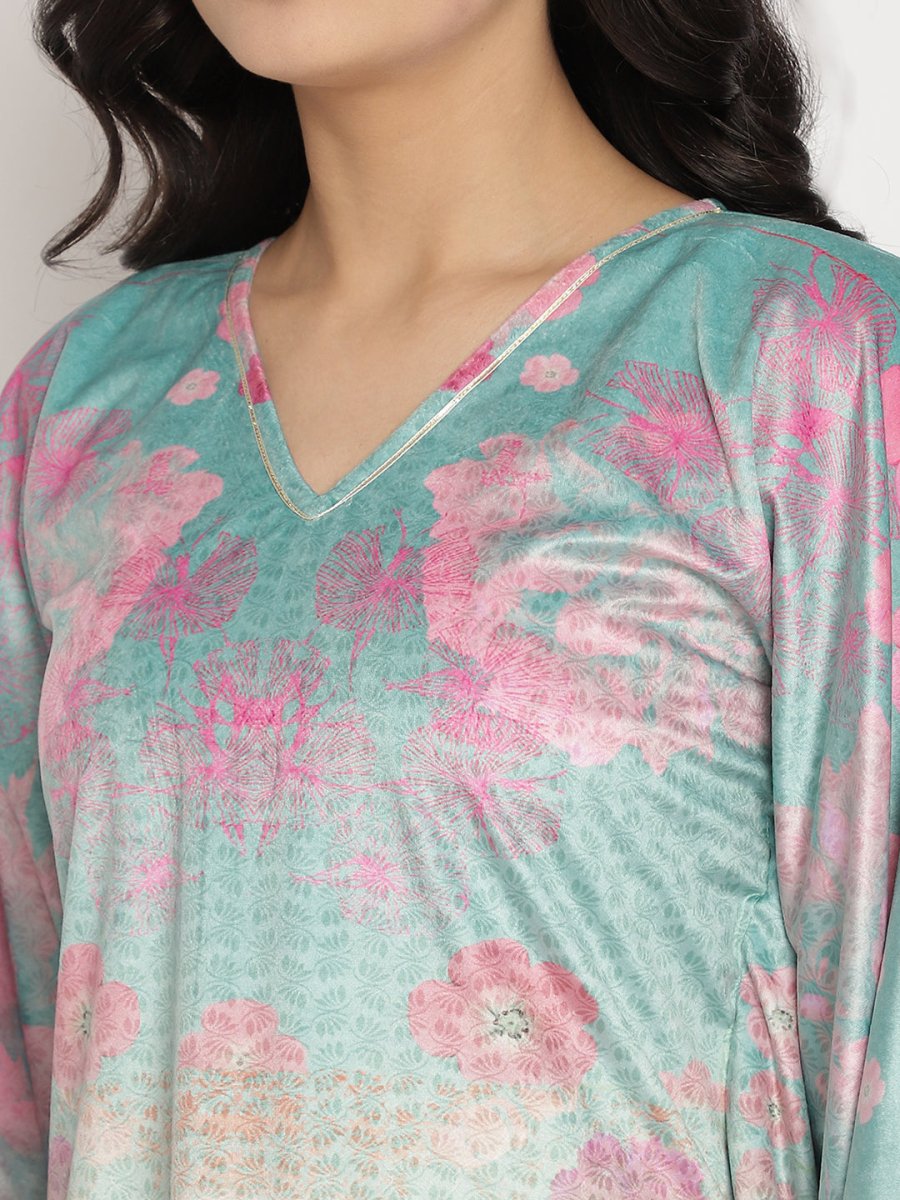 Ahalyaa Women's Sea Green Digital Print Velvet Kaftan