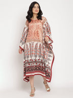 Ahalyaa Women's Beige Color Digital Print Velvet Kaftan
