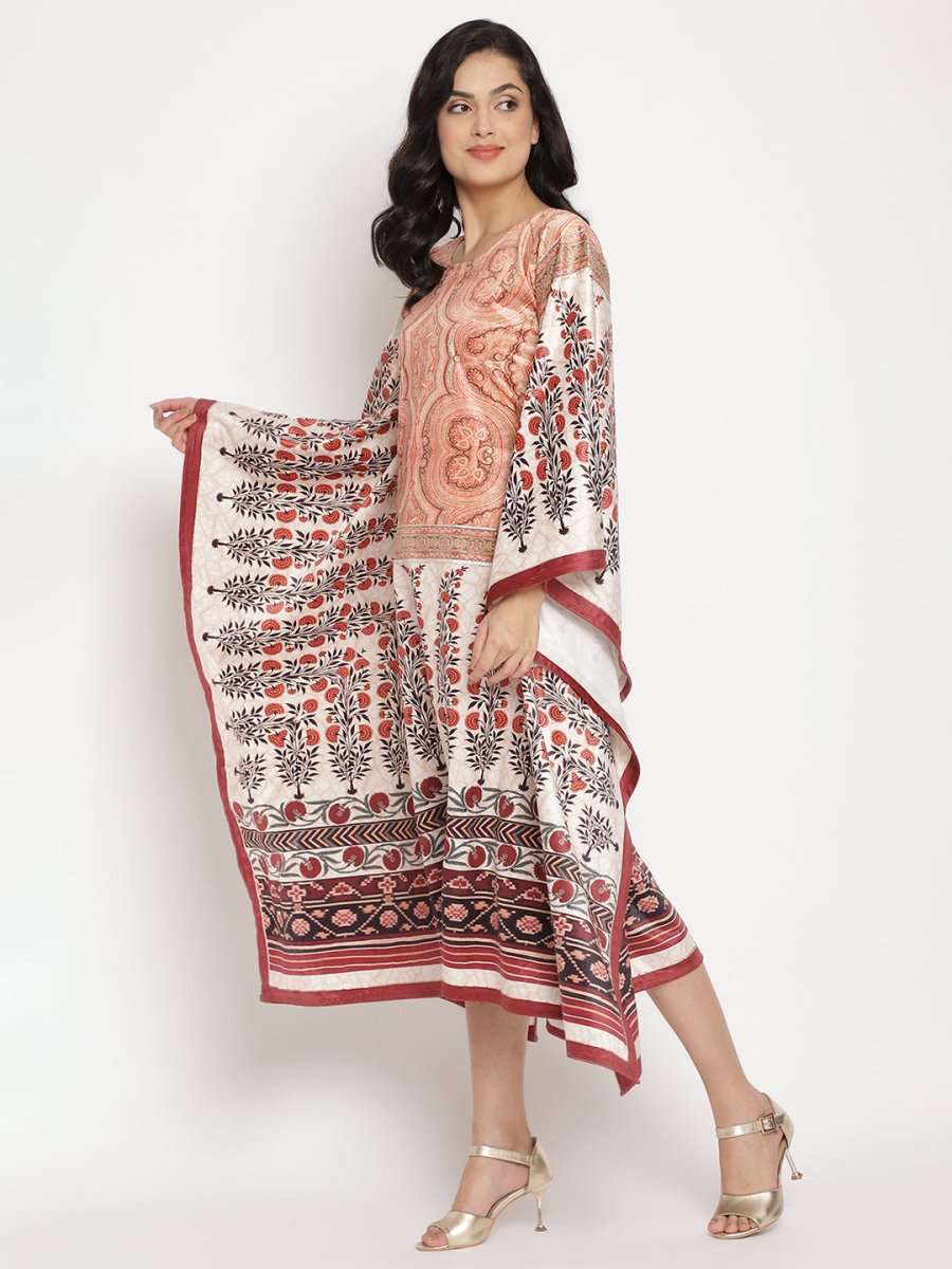 Ahalyaa Women's Beige Color Digital Print Velvet Kaftan
