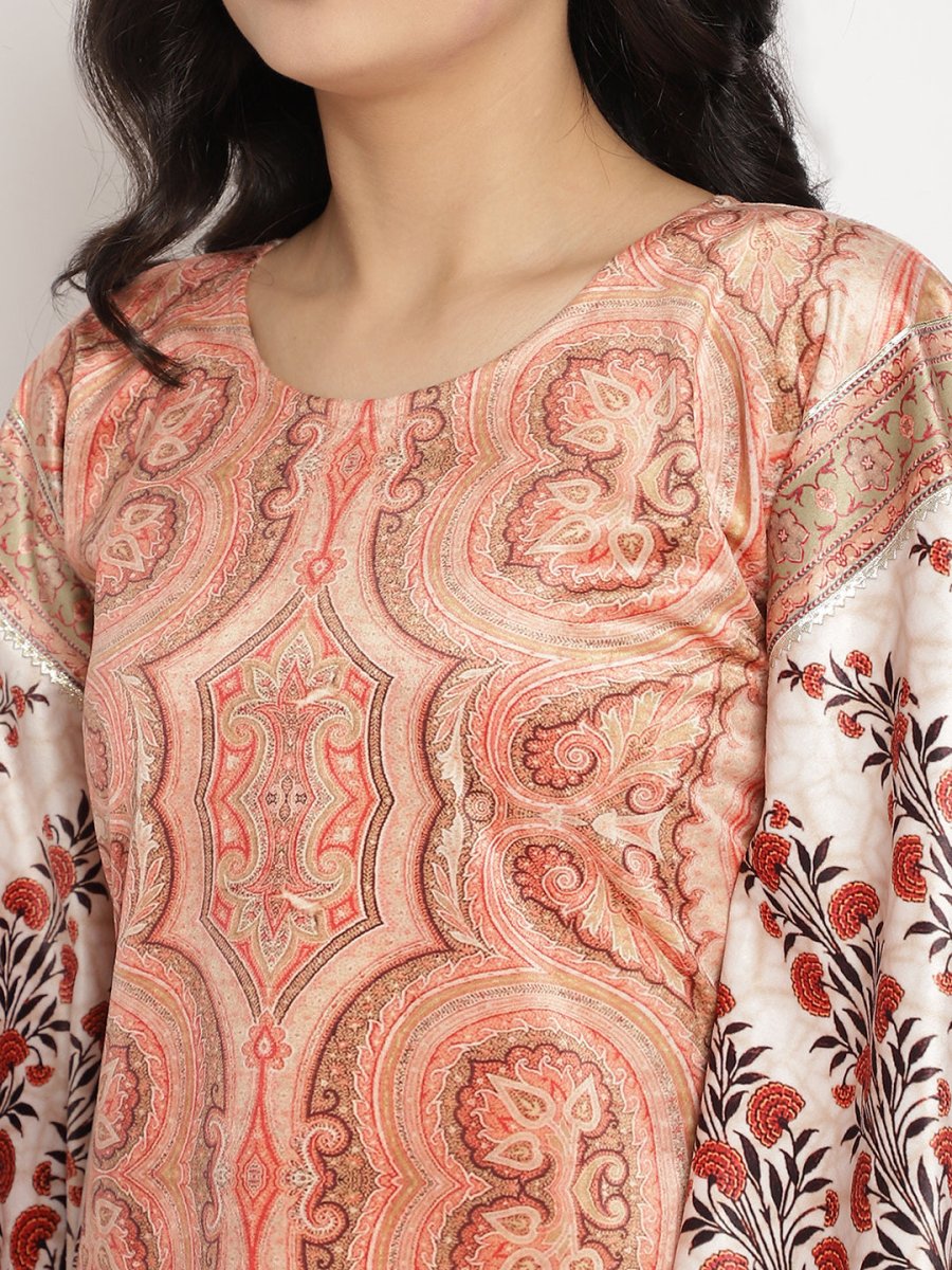 Ahalyaa Women's Beige Color Digital Print Velvet Kaftan