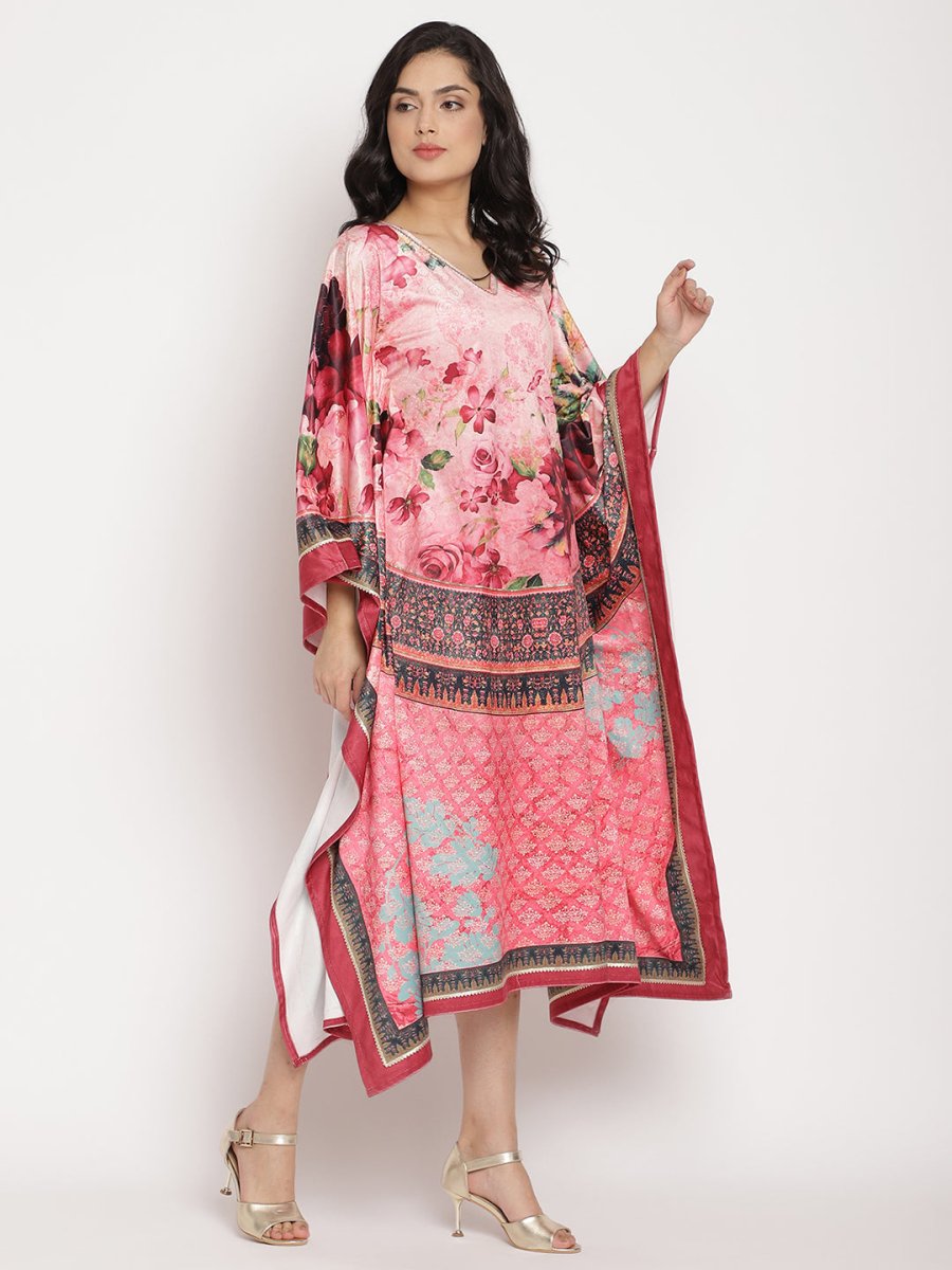 Ahalyaa Women's Pink Color Digital Print Velvet Kaftan