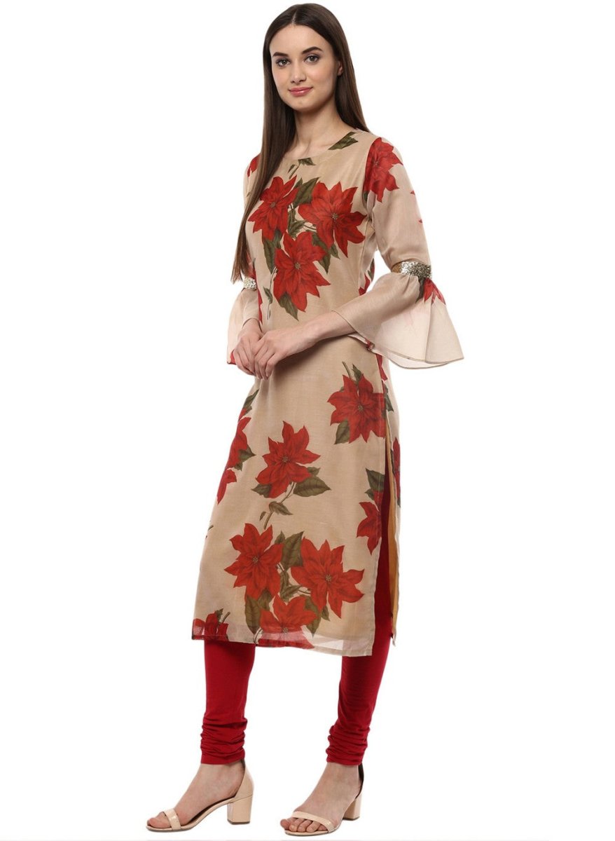 Ahalyaa Women Beige & Maroon Floral Printed Straight Kurta