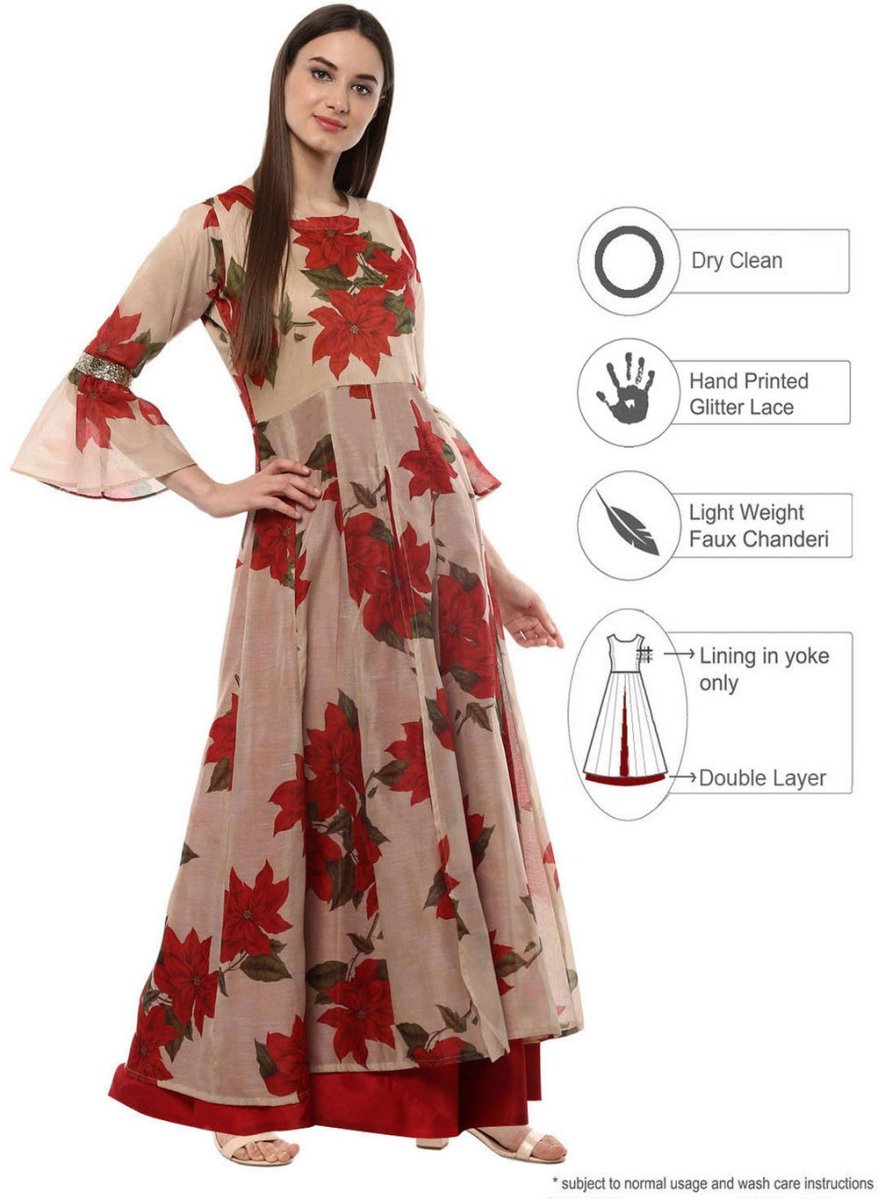 Ahalyaa Beige & Red Chanderi Floor Length Anarkali Dress