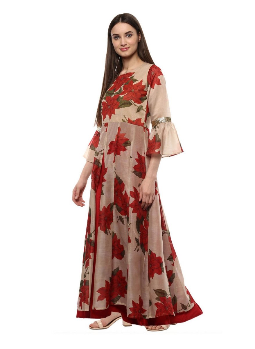 Ahalyaa Beige & Red Chanderi Floor Length Anarkali Dress