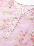 Ahalyaa Women Sheer Pink Floral Summer Chiffon Kurta