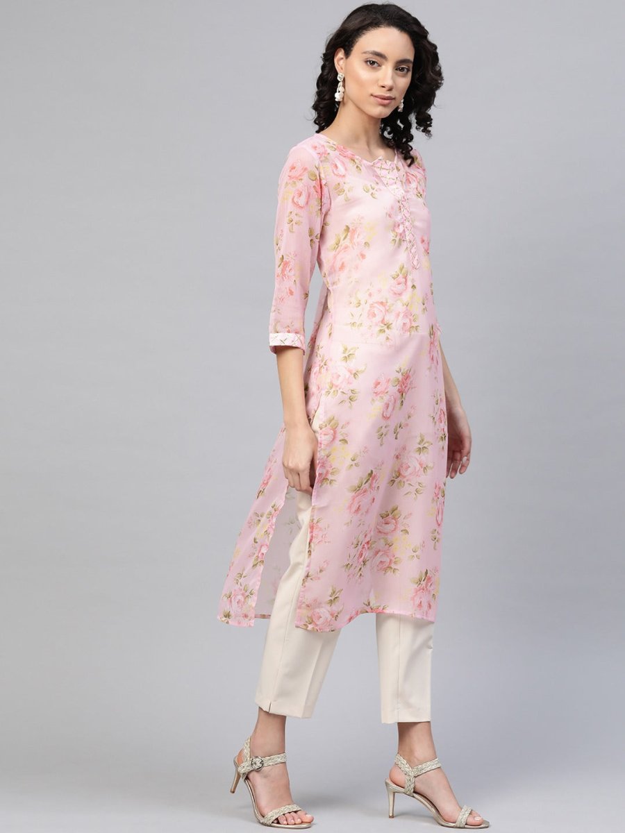 Ahalyaa Women Sheer Pink Floral Summer Chiffon Kurta