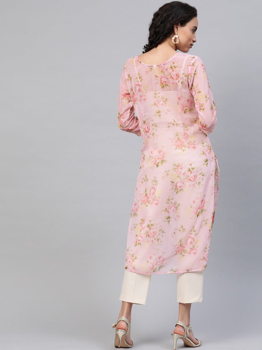 Ahalyaa Women Sheer Pink Floral Summer Chiffon Kurta