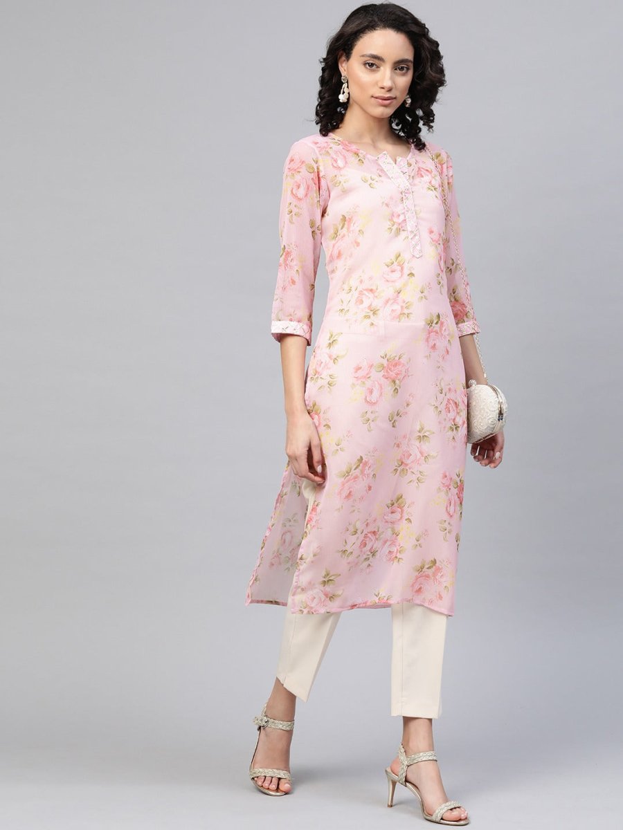 Ahalyaa Women Sheer Pink Floral Summer Chiffon Kurta