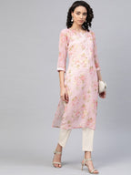 Ahalyaa Women Sheer Pink Floral Summer Chiffon Kurta