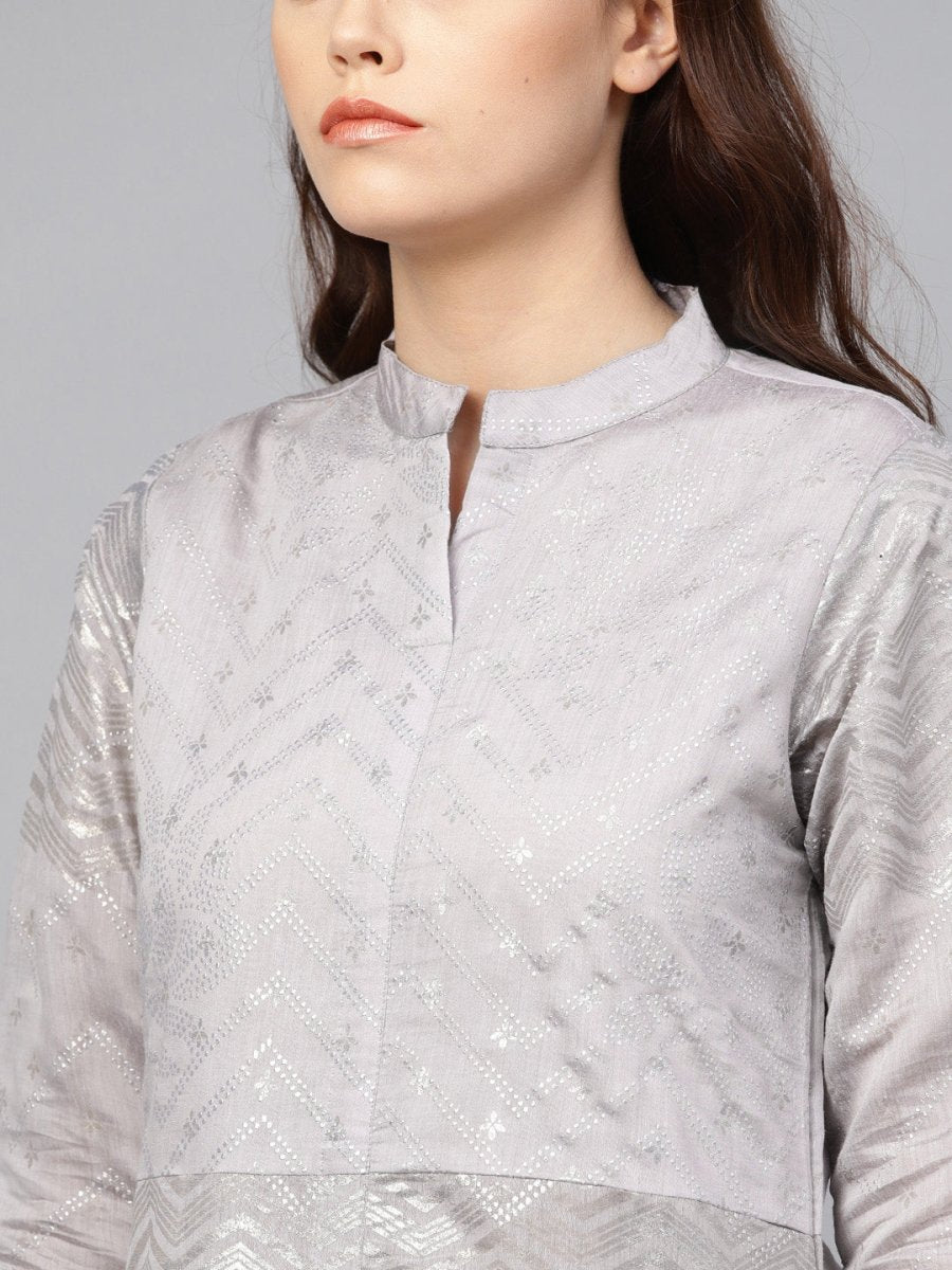 Ahalyaa Women Grey & Silver Printed A-Line Kurta