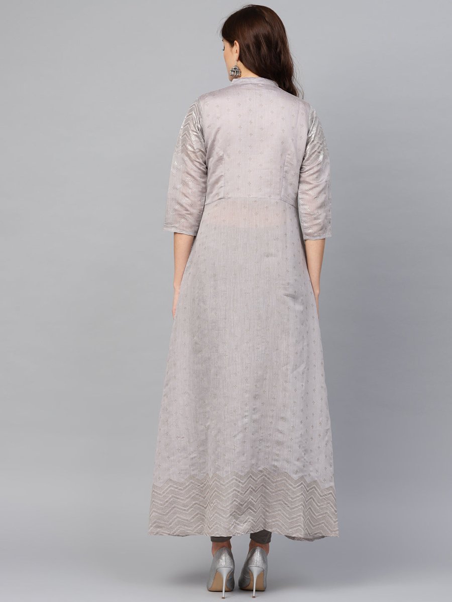 Ahalyaa Women Grey & Silver Printed A-Line Kurta