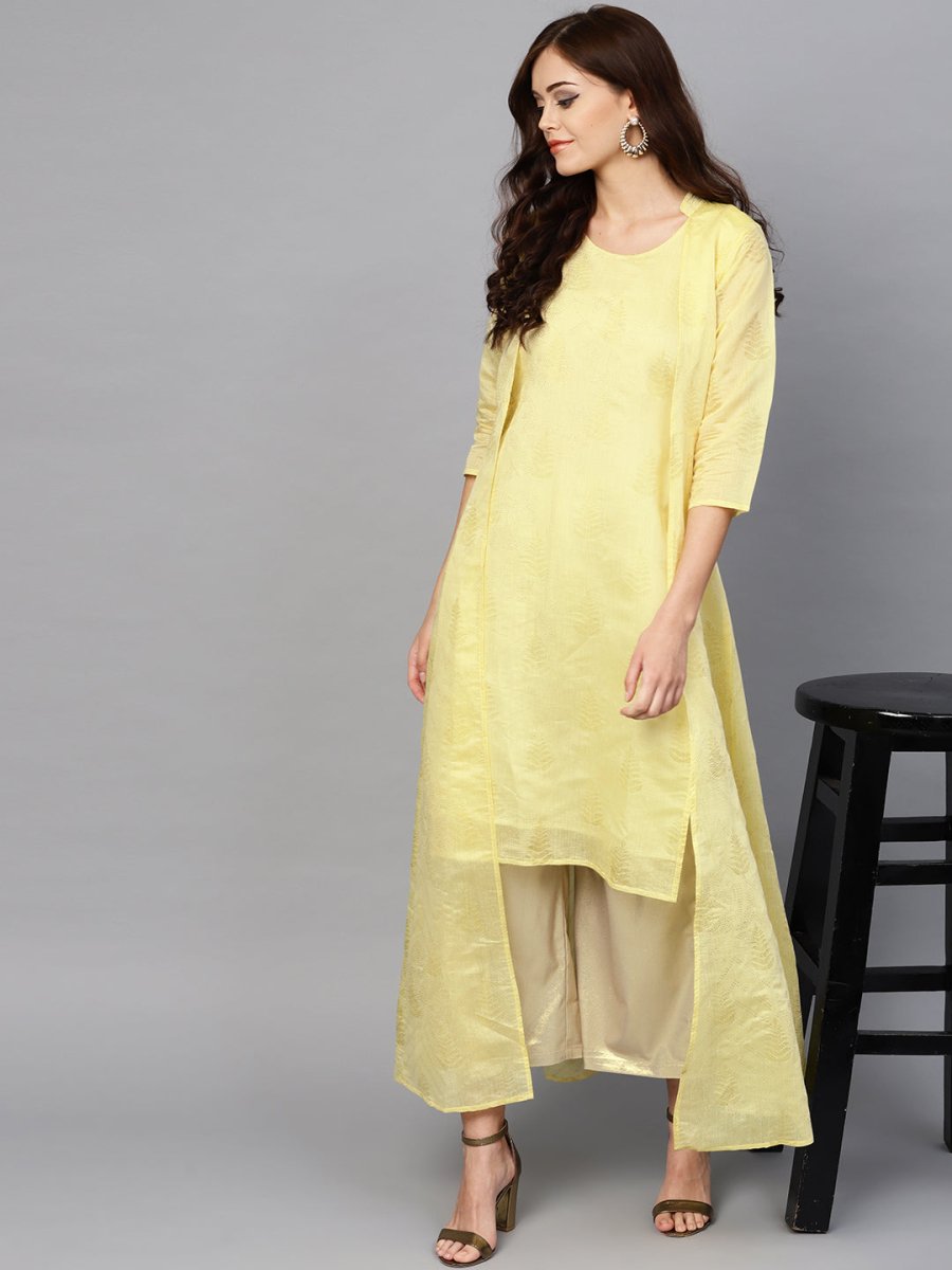 Ahalyaa Yellow Metallic Printed Koti Style Kurta For Women