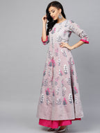 Ahalyaa Women Grey & Pink Floral Printed Layered Maxi Dress