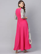 Ahalyaa Women Grey & Pink Floral Print Layered Anarkali Kurta