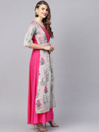 Ahalyaa Women Grey & Pink Floral Print Layered Anarkali Kurta