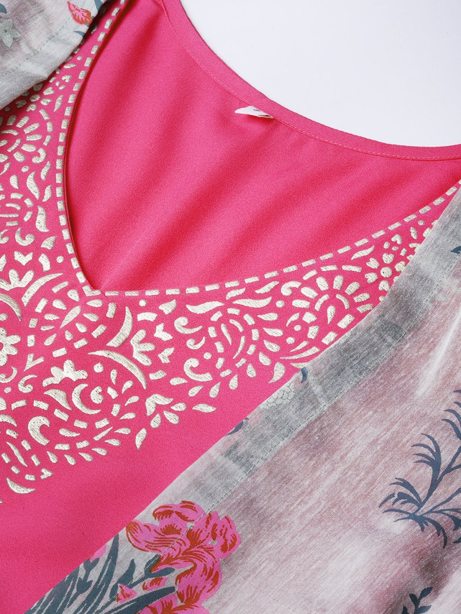 Ahalyaa Women Grey & Pink Floral Print Layered Anarkali Kurta