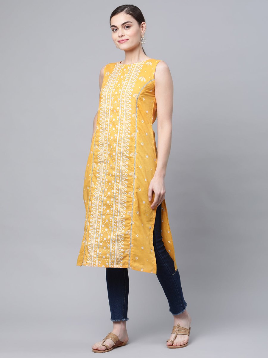 Ahalyaa Women's Mustard Pure Cotton Printed Kurta