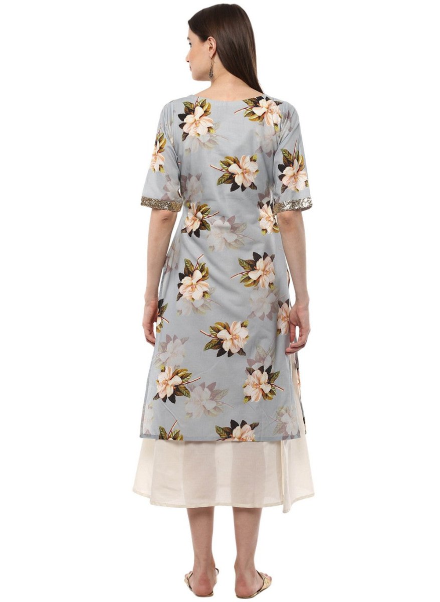 Ahalyaa Ash Blue & Cream Floral Cotton Blend Double Layered Summer Kurta Dress